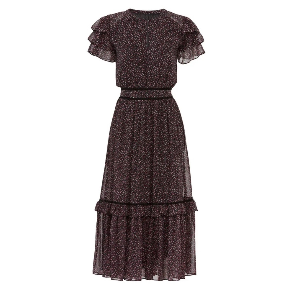 Rebecca Minkoff Patricia Black Floral Ruffle Midi Dress $248 Sz XS